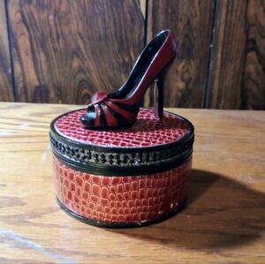 Red High Heel Shoe Reptile Print Pleather Trinket Box. Snake, Gator, Dragon